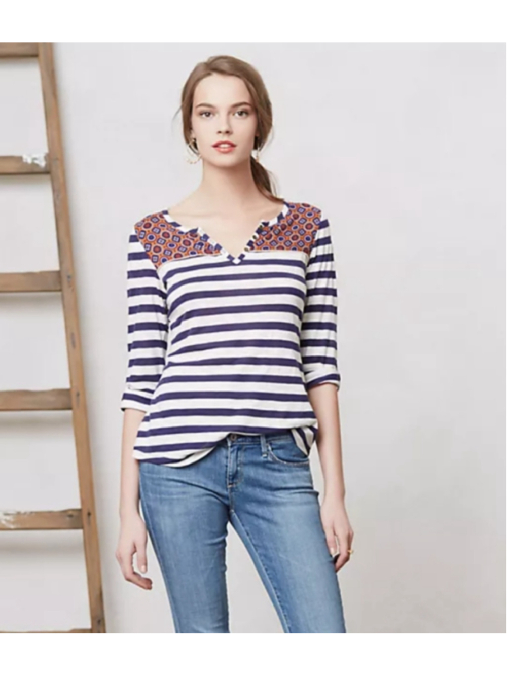 Anthropologie Postmark Stripe Mix Pattern Henley Tee Top Sz XS